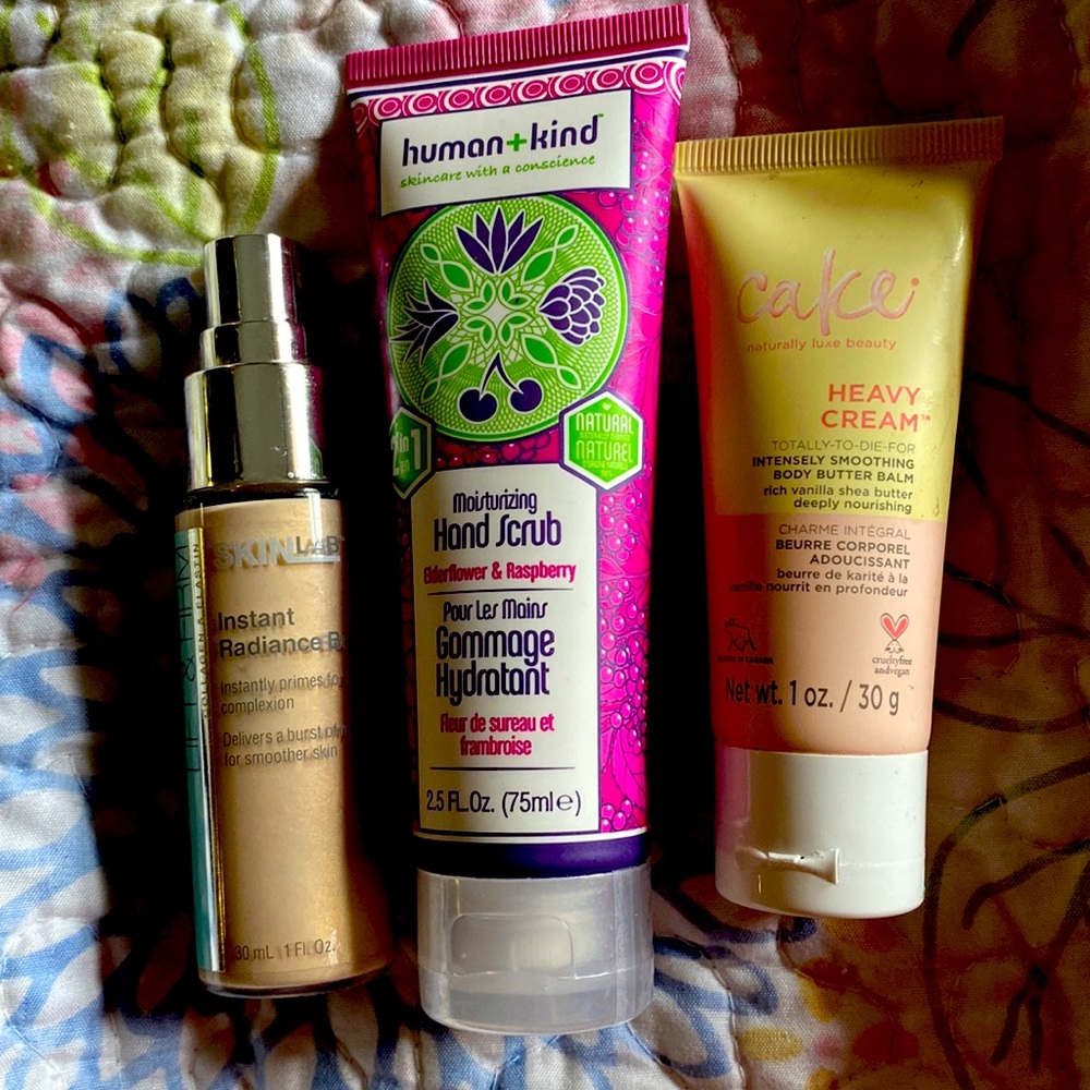 Organic hand scrub, radiance boost primer, and cake heavy cream